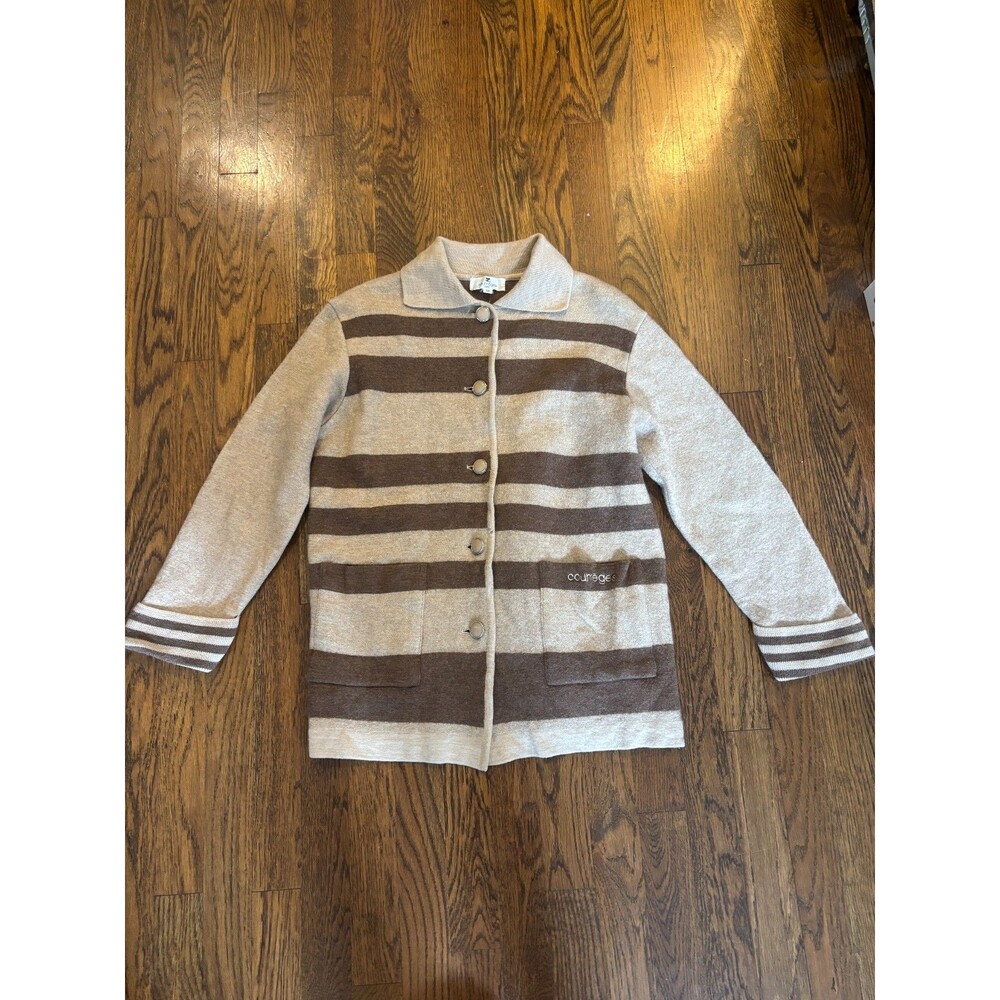 Vintage Courreges Cardigan 9R Brown Cream Stripe 100% Wool Boiled Knit Japan